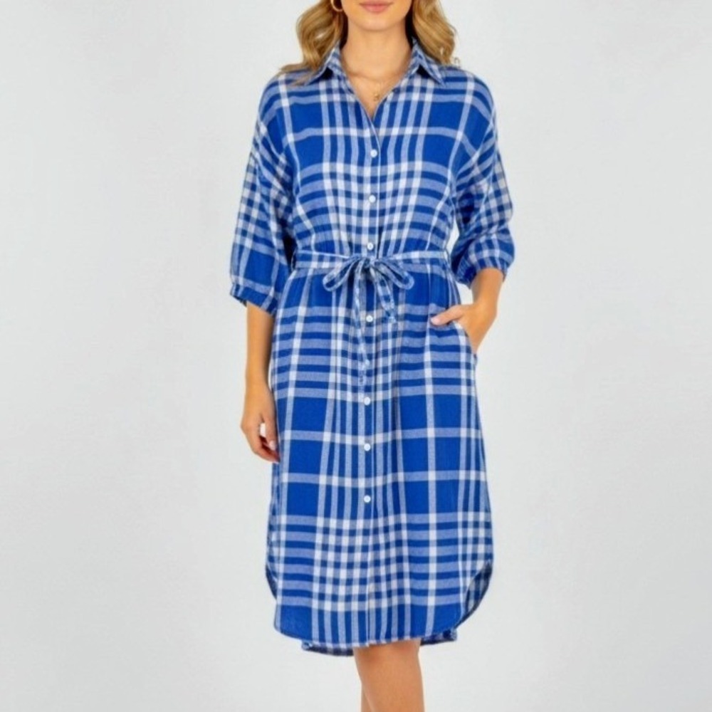 Zara Shirt Dress Womens XS Blue White Check Plaid Belted Cottagecore Farmhouse